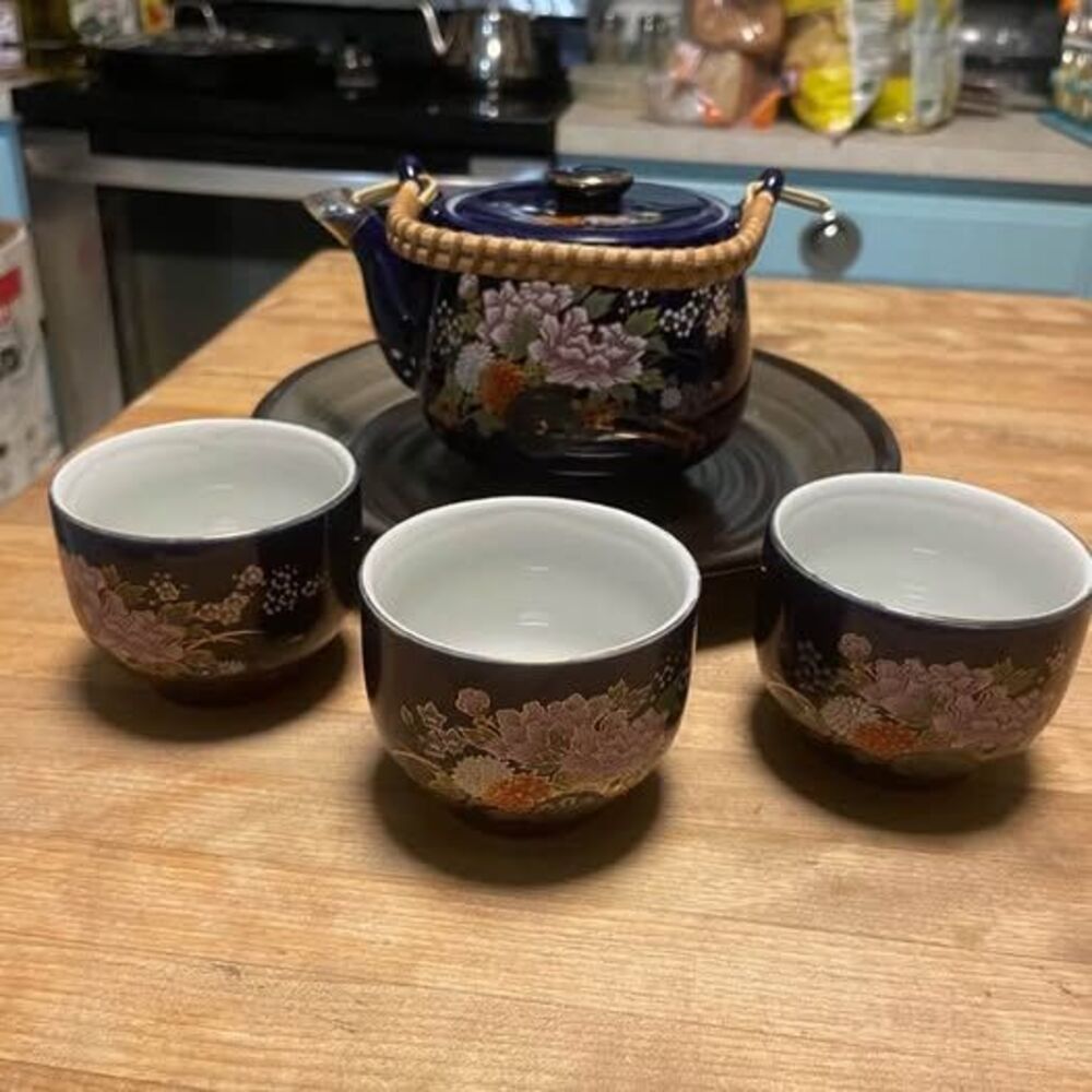 Vintage Japanese Ceramic Tea Set with Teapot, 3 Cups, and Tray